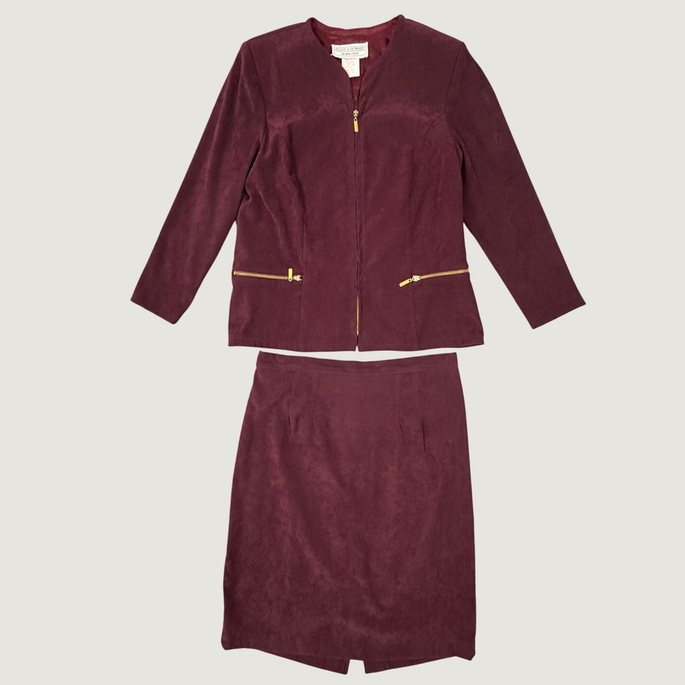 Jessica Howard Womens Petite Burgundy Faux Suede Skirt Suit Set Size 14P Vintage